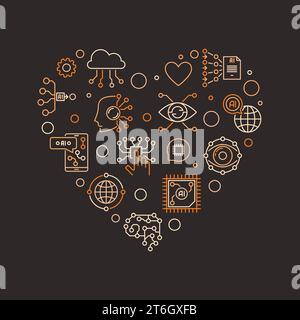 Artificial Intelligence concept outline creative heart shaped banner. Vector I Love AI illustration Stock Vector