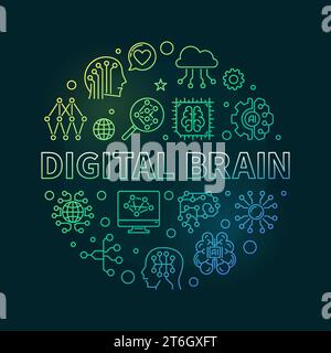 Digital Brain concept round outline colored banner. Vector illustration on dark background Stock Vector