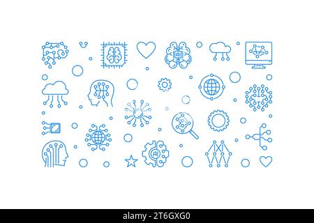Artificial Intelligence Digital Brain Technology concept thin line horizontal vector simple banner or illustration Stock Vector