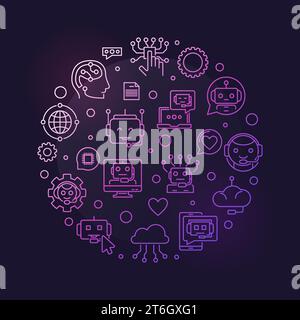 Chatbot concept thin line round vector purple banner. Chatterbot Software linear illustration on dark background Stock Vector