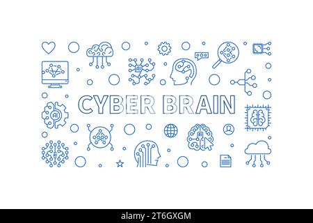 Cyber Brain concept vector horizontal simple banner or illustration in thin line style Stock Vector