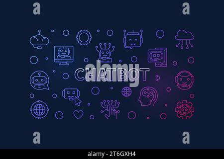 Chatbot concept thin line colorful banner - Artificial Intelligence Chatbot vector horizontal illustration on dark background Stock Vector