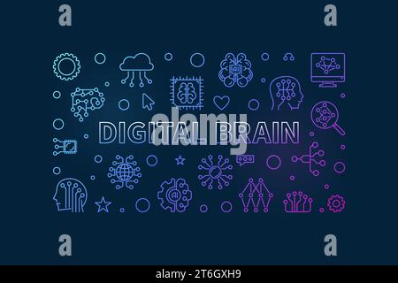 Digital Brain concept horizontal outline colored banner. Vector illustration on dark background Stock Vector