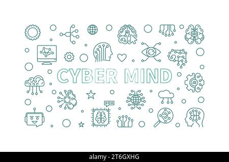 Cyber Mind concept line minimal horizontal banner - vector AI minimal outline illustration Stock Vector