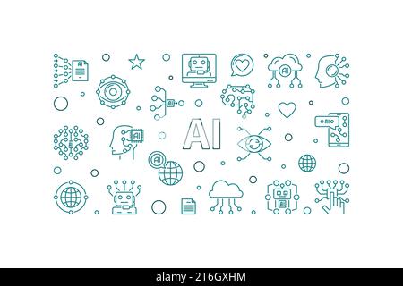 AI thin line minimal horizontal banner. Vector modern Artificial intelligence Technology concept illustration Stock Vector
