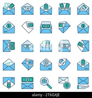Money in Envelope colored icons. Earning or Corruption creative vector signs collection Stock Vector