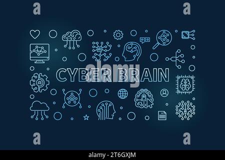 Cyber Brain concept vector horizontal simple outline blue banner or illustration on dark background Stock Vector