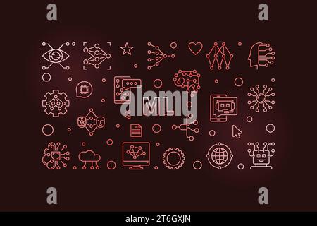ML concept horizontal vector colored banner in thin line style. Machine Learning creative illustration on dark background Stock Vector