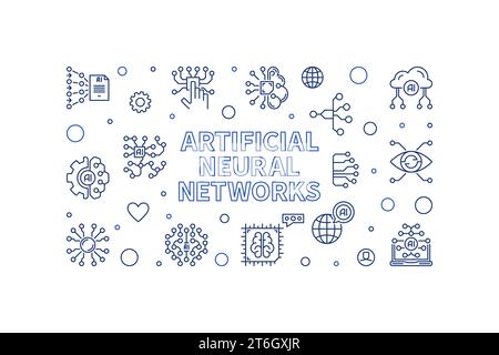 Artificial Neural Networks concept thin line horizontal minimal banner. Vector AI Networks illustration Stock Vector