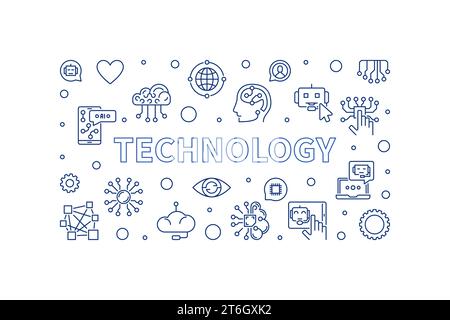 Technology concept outline blue vector horizontal banner - AI and Neural Network Tech illustration Stock Vector