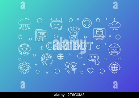 Chatbot concept outline horizontal banner. Vector Artificial Intelligence Chatbot creative illustration Stock Vector
