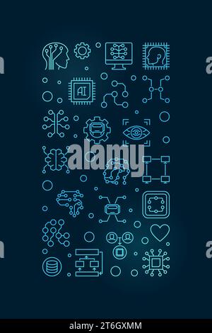 AI Artificial Intelligence Technology concept vertical thin line blue banner or illustration with dark background Stock Vector