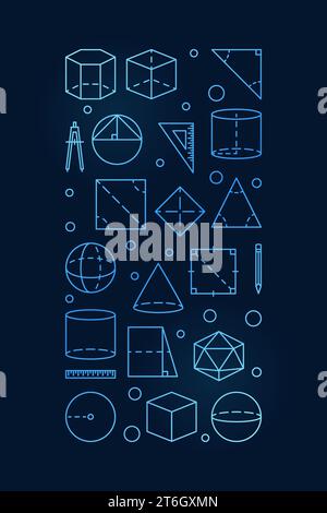 Geometry School Discipline vector concept vertical thin line blue banner - vector linear illustration with dark background Stock Vector