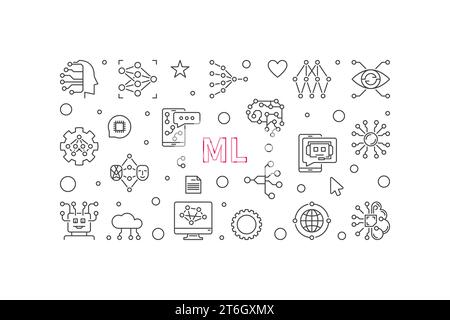 ML concept horizontal banner in outline style. Vector Machine Learning illustration Stock Vector