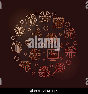 Artificial Intelligence Cyber Mind concept vector thin line round colored banner or illustration on dark background Stock Vector