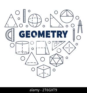 Geometry School Discipline vector concept heart-shaped banner in thin line style. Heart with Geometric Shapes symbols outline illustration Stock Vector