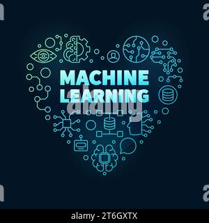 Machine Learning heart-shaped colored banner in outline style - ML Technology concept thin line banner with dark background Stock Vector