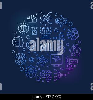 ML concept round vector colored banner in thin line style. Machine Learning creative illustration on dark background Stock Vector