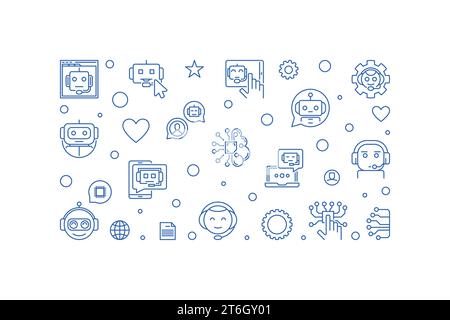 Chatbot Technology concept outline horizontal banner. Vector Chatter Bot illustration Stock Vector