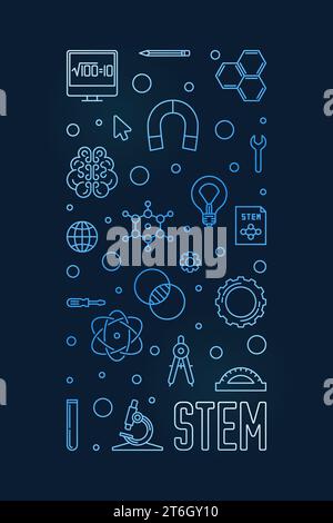 STEM Science, Technology, Engineering and Maths concept vertical blue banner in outline style - vector linear illustration with dark background Stock Vector