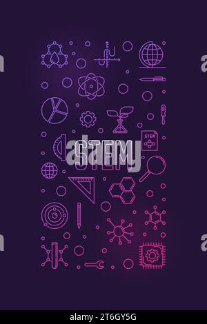 STEM concept vertical minimal thin line purple banner. Science, technology, engineering, mathematics illustration with dark background Stock Vector