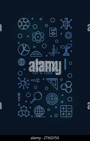 STEM vector outline vertical blue banner - Science concept modern illustration with dark background Stock Vector