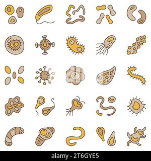 Bacteria and Microbes colored icons set. Viruses or Microorganisms Genetics concept vector modern signs collection Stock Vector