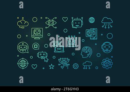 Chatbot concept thin line horizontal vector modern banner. Chatterbot Software linear colorful illustration on dark background Stock Vector