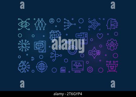 ML or Machine Learning concept horizontal outline creative banner - vector illustration on dark background Stock Vector