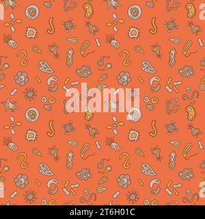 Microorganisms and Bacteria vector Biology concept colored creative seamless pattern Stock Vector