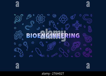 Bioengineering vector Research concept horizontal blue banner in outline style - Bio Engineering creative illustration with dark background Stock Vector
