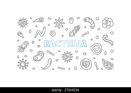 Bacteria concept outline vector horizontal minimal banner with microbes linear signs. Science illustration Stock Vector
