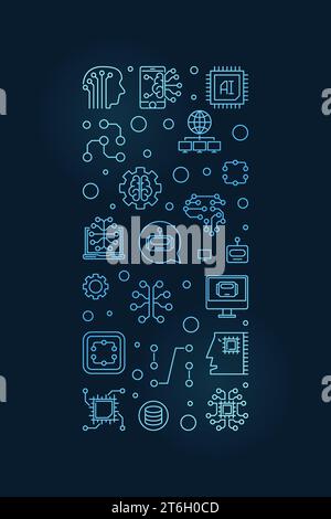 AI (Artificial Intelligence) concept vector thin line blue vertical banner or illustration with dark background Stock Vector