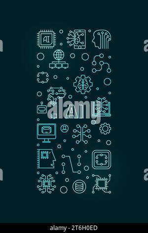 AI concept vector thin line vertical colored banner - Artificial Intelligence creative illustration with dark background Stock Vector