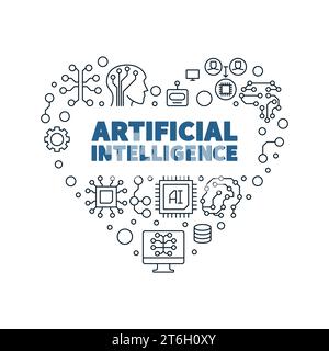 Artificial Intelligence Heart banner in thin line style - AI Technology concept linear heart-shaped illustration Stock Vector