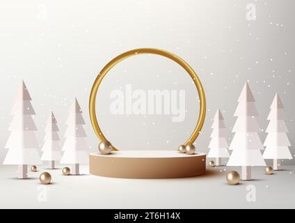 Christmas festive 3D podium decoration with gold circle backdrop and pine tree for product display with snowfall and white floor and wall background. Stock Vector