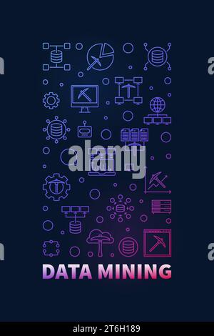 Data Mining vertical colorful banner in thin line style - Database Analytics concept illustration with dark background Stock Vector