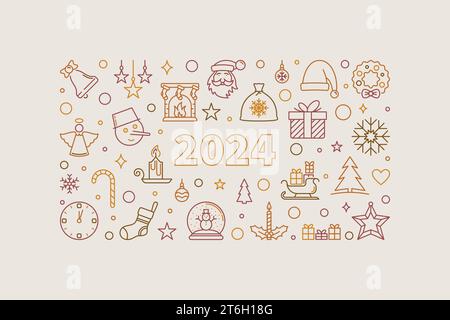 2024 Merry Christmas and Happy New Year vector outline creative horizontal illustration or banner Stock Vector
