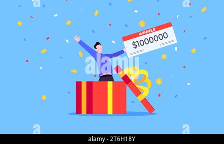 Happy lottery winner with big prize paycheck. Fortune lottery or casino gambling lucky games concept flat style design vector illustration. Person jum Stock Vector