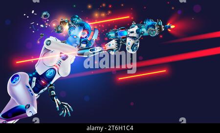 Robot cyborg shoots gun. Shooter video game. Robot woman with AI running, shooting at laser or blaster. Cyborg shootout, fight. headshot. Rise of robo Stock Vector