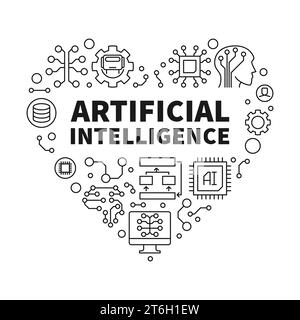 Artificial Intelligence - AI Technology Heart concept thin line minimal banner or illustration Stock Vector