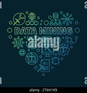 Data Mining Technology concept vector outline heart-shaped colored banner with dark background Stock Vector