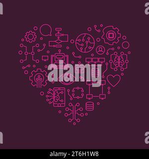 Artificial Intelligence heart-shaped creative thin line banner - AI and ML Technology concept illustration Stock Vector
