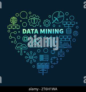 Data Mining Heart colored banner in thin line style - Database Analytics concept heart-shaped illustration with dark background Stock Vector