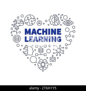 Machine Learning heart banner in outline style. ML Technology concept thin line banner Stock Vector