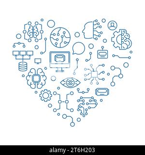 Machine Learning - ML Heart banner in linear style - New Technology concept thin line banner Stock Vector