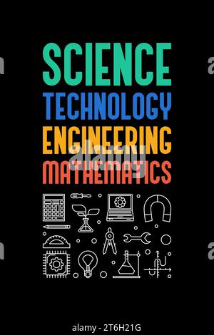 Science, Technology, Engineering and Maths banner. STEM vector outline vertical concept dark illustration Stock Vector