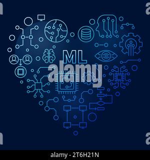 Machine Learning concept vector outline blue heart shaped banner. ML Technology illustration with dark background Stock Vector
