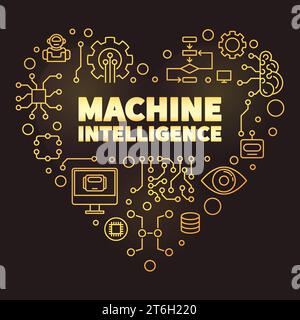 Machine Intelligence heart thin line golden banner. ML Technology concept creative illustration with dark background Stock Vector