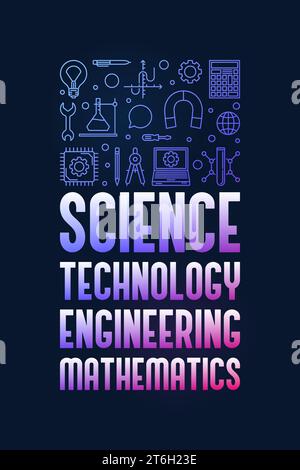 STEM - Science, Technology, Engineering and Math vector concept thin line vertical blue banner or illustration with dark background Stock Vector